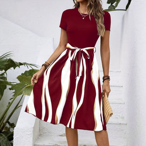 Women's Midi Dress – Flowing Wavy Stripe, Tie Waist, Short Sleeve, Casual Chic-65206-c924316f-086f-42c6-a7bf-8423e34dd698