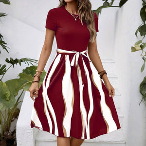 Women's Midi Dress – Flowing Wavy Stripe, Tie Waist, Short Sleeve, Casual Chic-65206-ece7d720-93e8-4ad4-ae7b-5e7a88e3cf7d