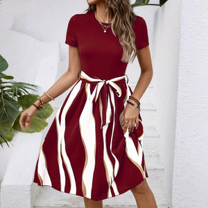 Women's Midi Dress – Flowing Wavy Stripe, Tie Waist, Short Sleeve, Casual Chic-65206-7be3b04e-70bb-4f8f-9607-efdec9b51653