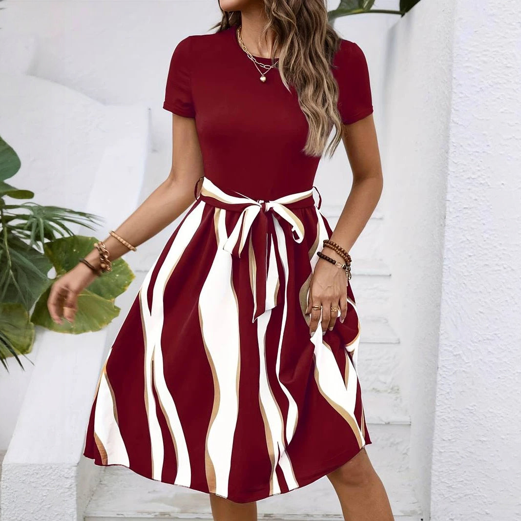 Women's Midi Dress – Flowing Wavy Stripe, Tie Waist, Short Sleeve, Casual Chic-65206-7be3b04e-70bb-4f8f-9607-efdec9b51653