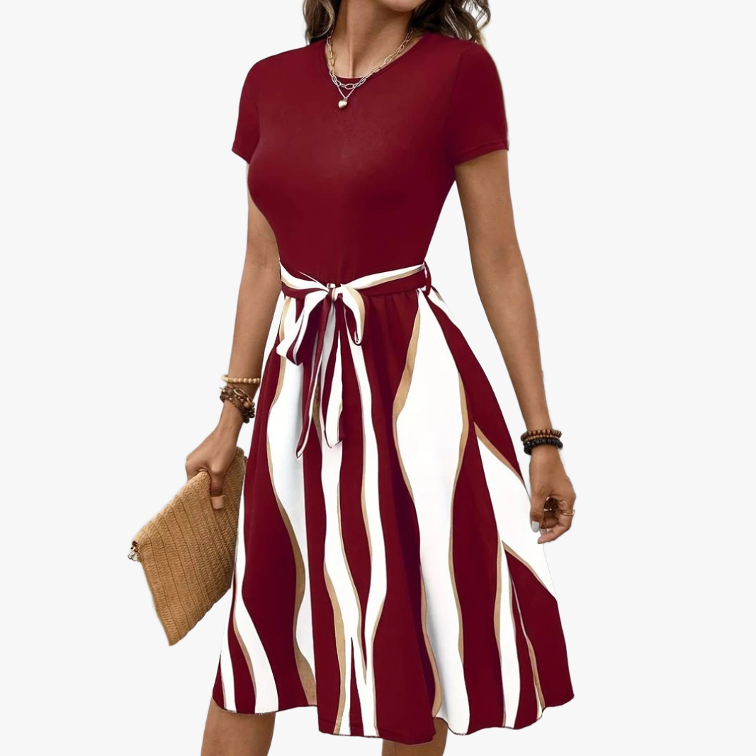 Women's Midi Dress – Flowing Wavy Stripe, Tie Waist, Short Sleeve, Casual Chic-65206-824caaa3-8fcf-4b5c-9ba1-14a63e257702