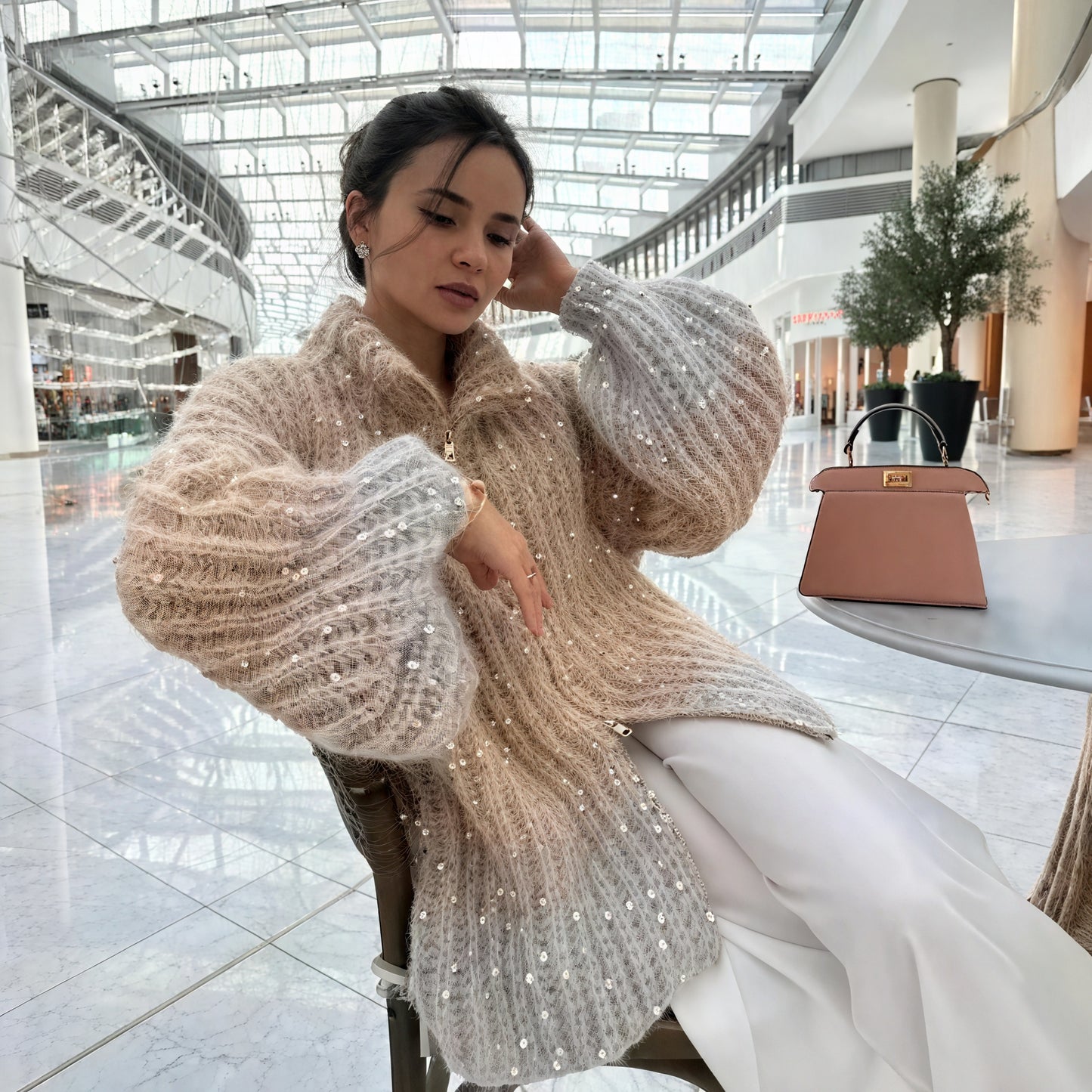 Women's White Maxi Dress & Grey Gradient Knit Cardigan Set, Elegant Casual Style-65227-6a8f9030-32cf-4e59-8f66-2cab3f880267