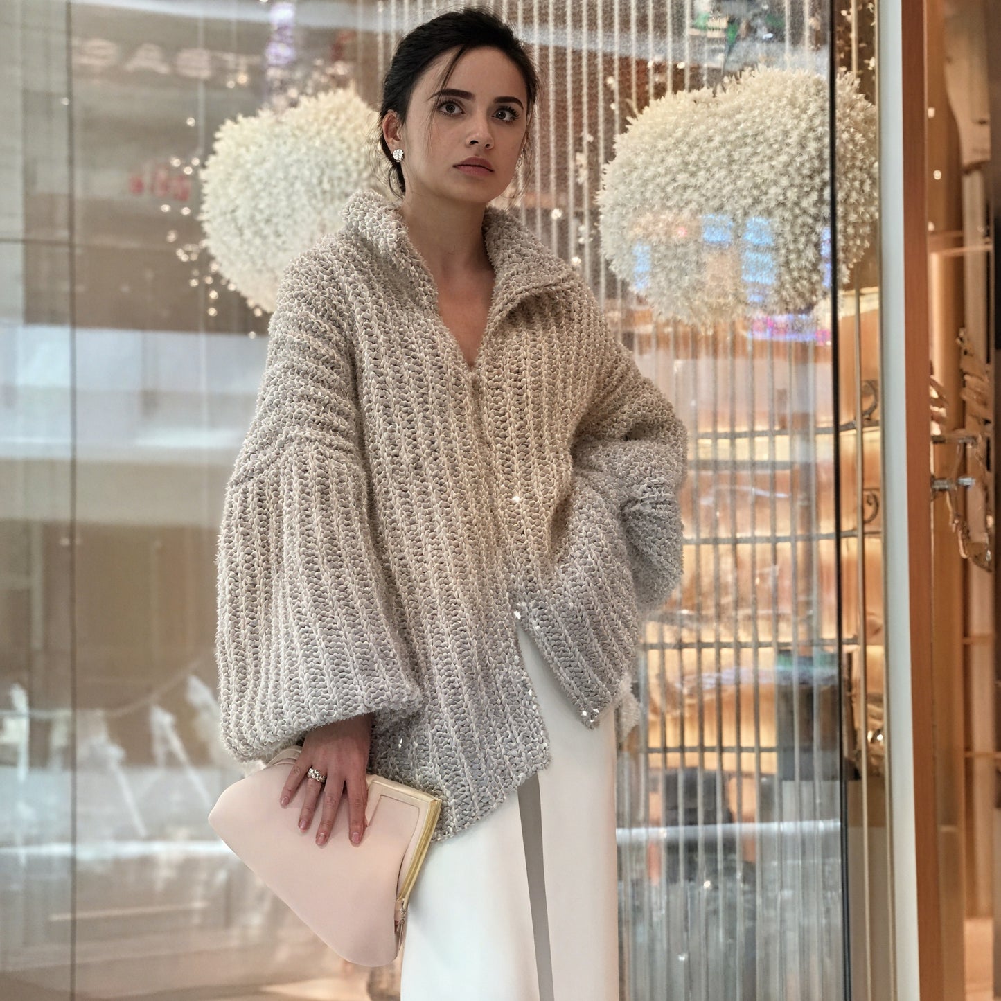 Women's White Maxi Dress & Grey Gradient Knit Cardigan Set, Elegant Casual Style-65227-6e6625cd-dabd-4d88-901b-08bc5bf2bb12