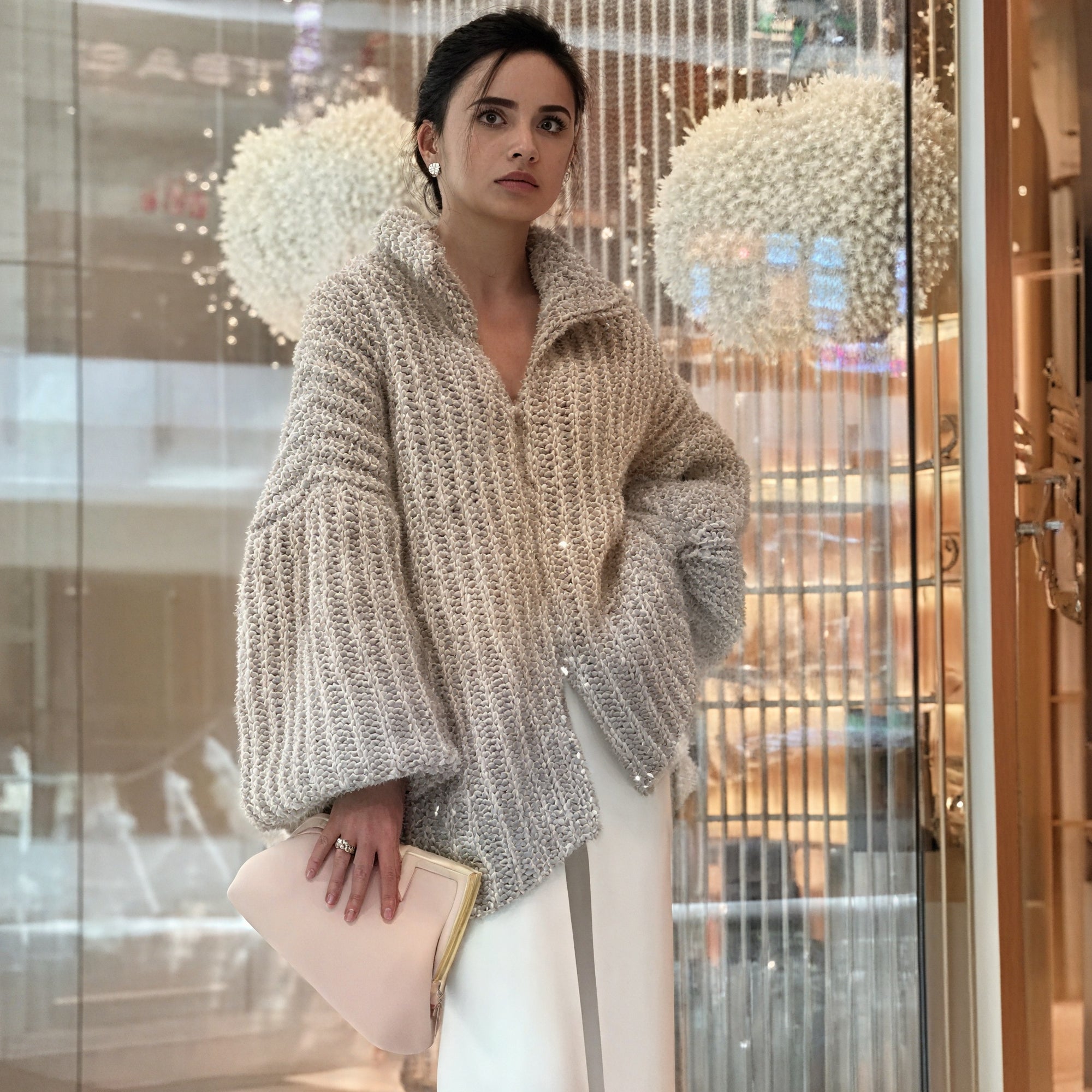 Women's White Maxi Dress & Grey Gradient Knit Cardigan Set, Elegant Casual Style-65227-6e6625cd-dabd-4d88-901b-08bc5bf2bb12
