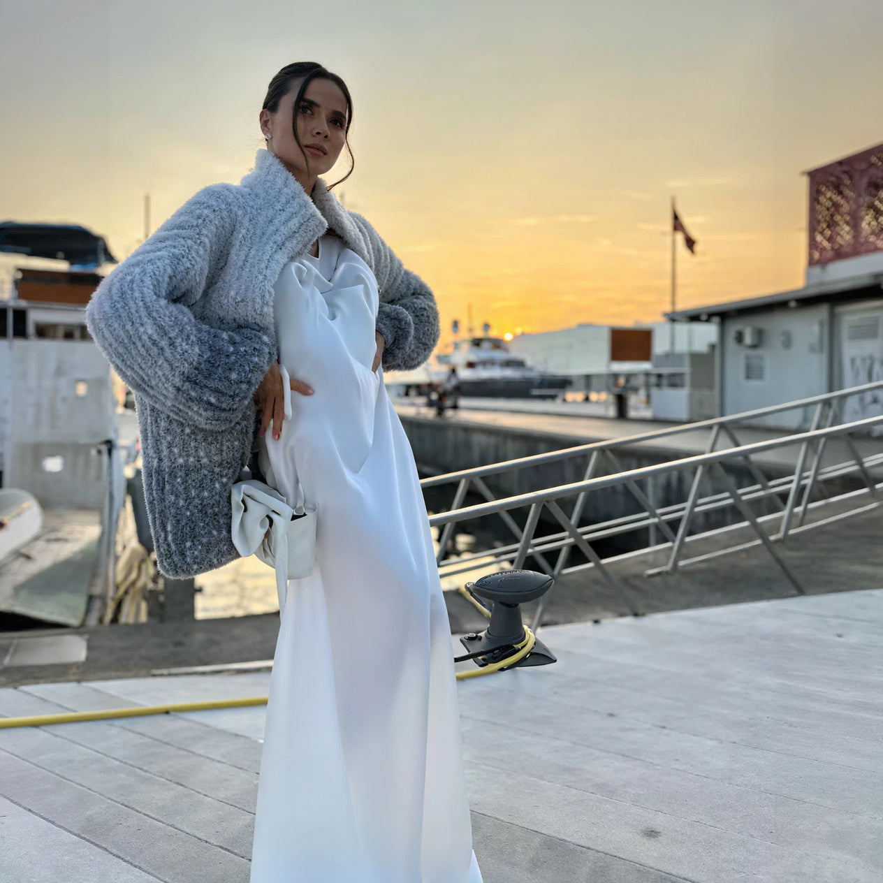 Women's White Maxi Dress & Grey Gradient Knit Cardigan Set, Elegant Casual Style-65227-03049145-8979-4b8a-ab25-aadc1e1696ee