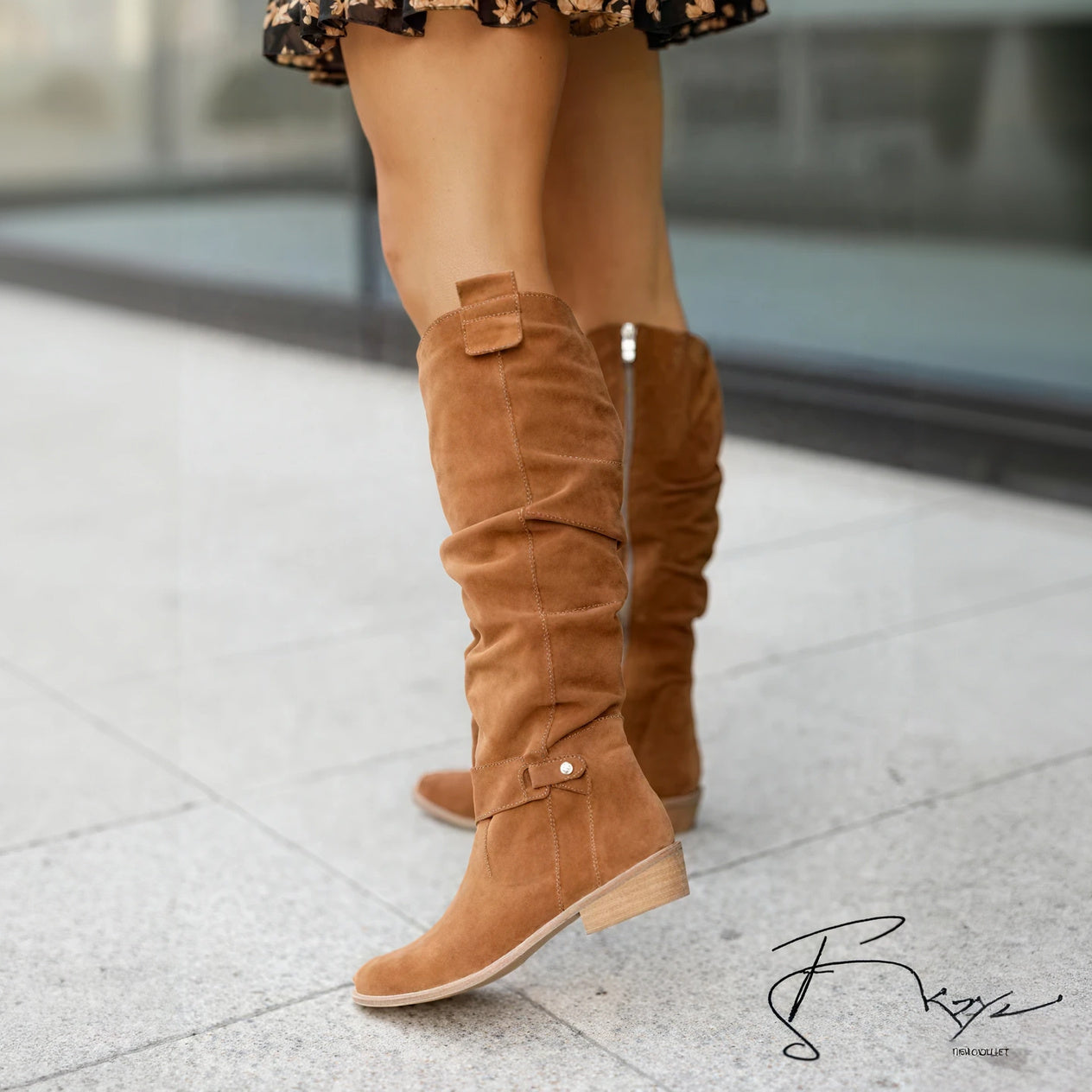 Women's Knee-High Boots – Slouchy Suede, Low Block Heel, Beige Taupe Black Tan-65238-4351325f-3c78-406d-9eaa-642c55121797