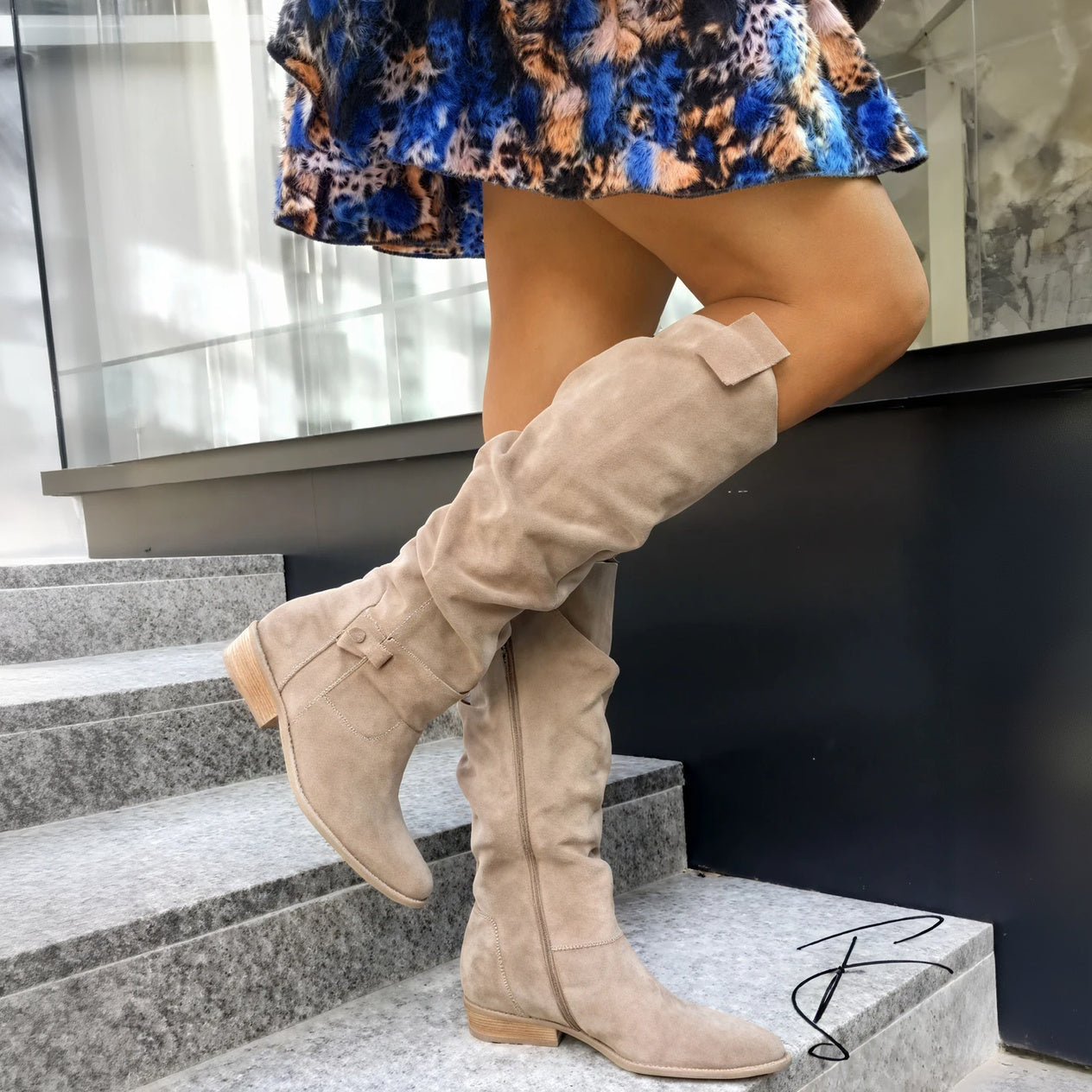 Women's Knee-High Boots – Slouchy Suede, Low Block Heel, Beige Taupe Black Tan-65238-297dbee5-6e8c-4b04-9361-44ce5afd785d