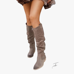 Women's Knee-High Boots – Slouchy Suede, Low Block Heel, Beige Taupe Black Tan-65238-d94578ed-49a0-4742-b919-bcd7a3427fb0