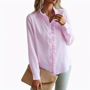 Women's Ruffled Button-Up Blouse – Textured Fabric, Long Sleeve, Cotton Polyester-65246-b3ce0434-60ff-4ec5-b175-4c07b36ffc98