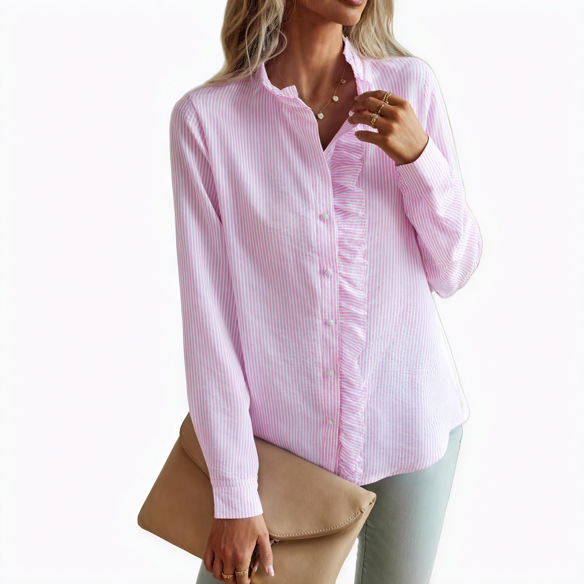 Women's Ruffled Button-Up Blouse – Textured Fabric, Long Sleeve, Cotton Polyester-65246-b3ce0434-60ff-4ec5-b175-4c07b36ffc98