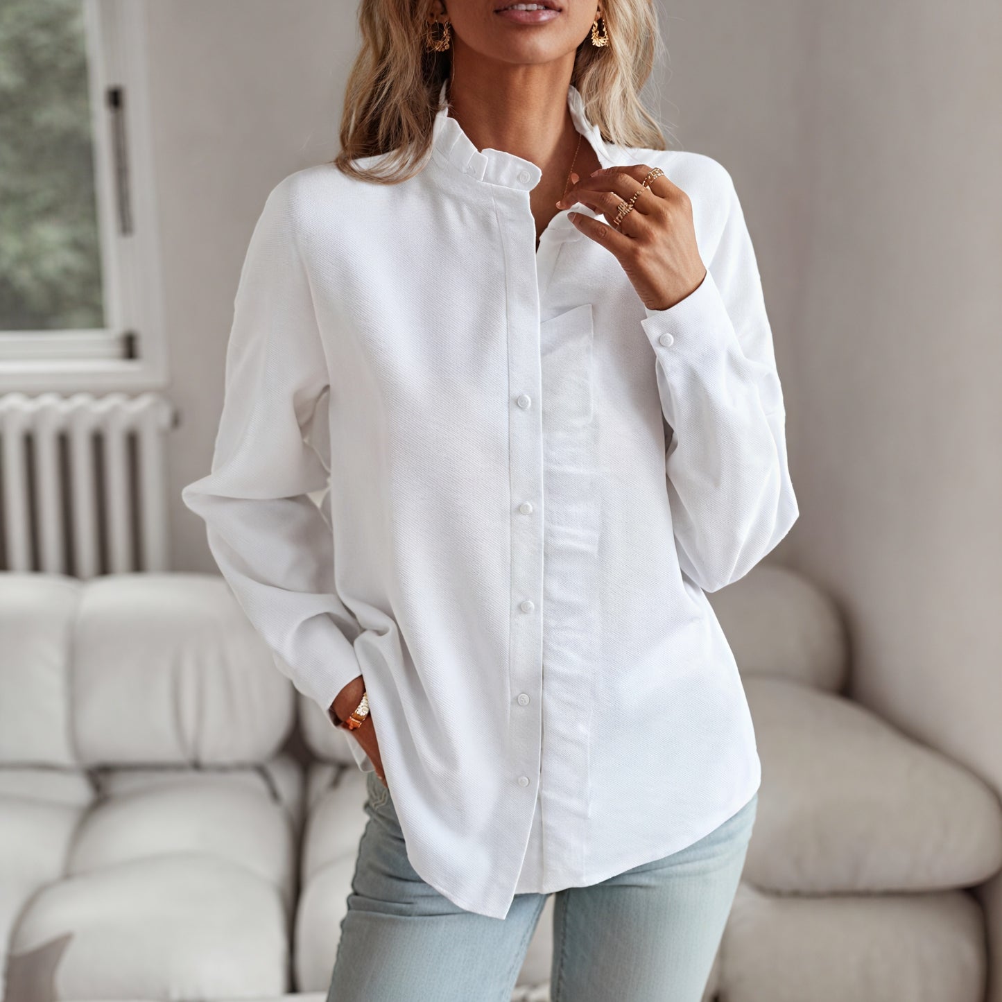 Women's Ruffled Button-Up Blouse – Textured Fabric, Long Sleeve, Cotton Polyester-65246-1ef27612-7adc-42ab-9c89-b73066bb35f6