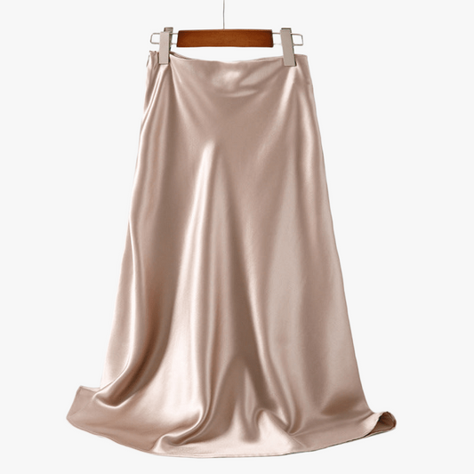Women's Beige Satin Midi Skirt – High Waist, Flared Hem, Elegant-65289-41e58c84-dce5-4d34-8497-7fc82eaa7431