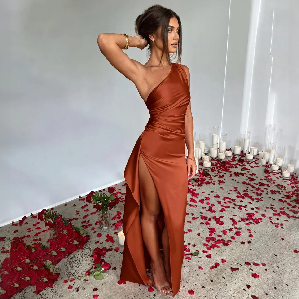 Women's One-Shoulder Satin Maxi Dress – High Slit, Ruched, Floor-Length, Beige/Navy/Brown/Pink-65292-32cf22f6-5827-4800-ba11-c5266fdc4efb