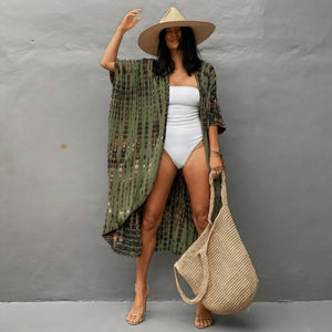 Women's Green Kimono Maxi Dress – Abstract Pattern, Wide Sleeves, Cotton Blend-65295-39006d65-5033-4398-8e41-14c3082f3e61