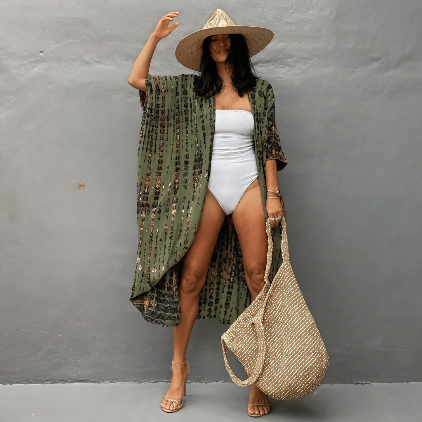 Women's Green Kimono Maxi Dress – Abstract Pattern, Wide Sleeves, Cotton Blend-65295-39006d65-5033-4398-8e41-14c3082f3e61