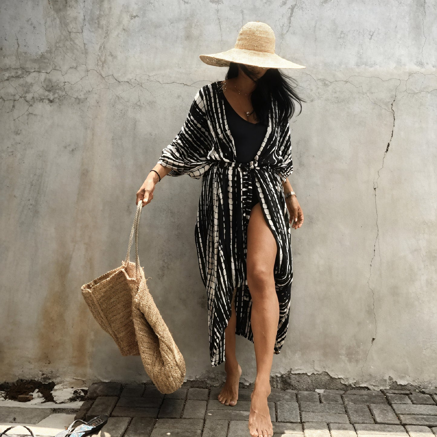 Women's Green Kimono Maxi Dress – Abstract Pattern, Wide Sleeves, Cotton Blend-65295-d4b7c97d-5529-4fe5-8a59-f9f1b226fb5a