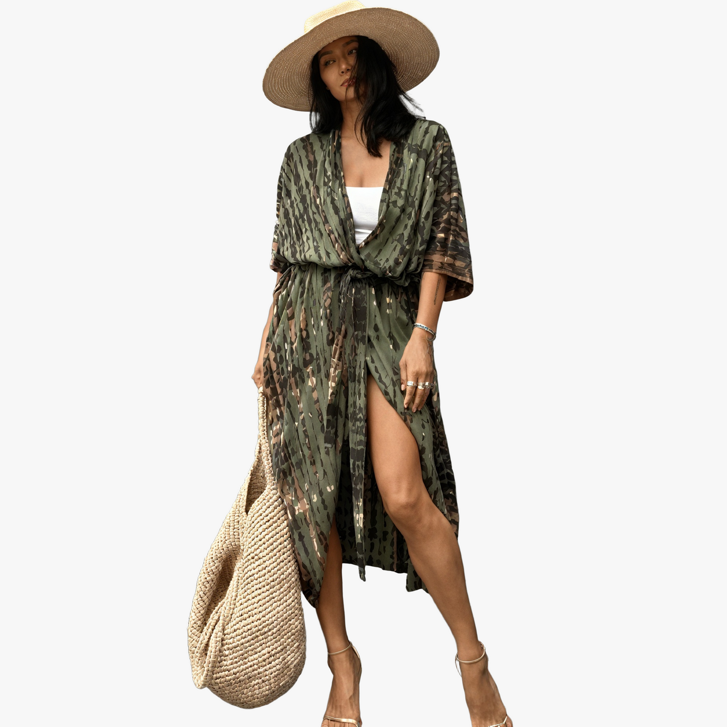 Women's Green Kimono Maxi Dress – Abstract Pattern, Wide Sleeves, Cotton Blend-65295-8f60c983-fe32-42b5-b673-d08005f5ddec