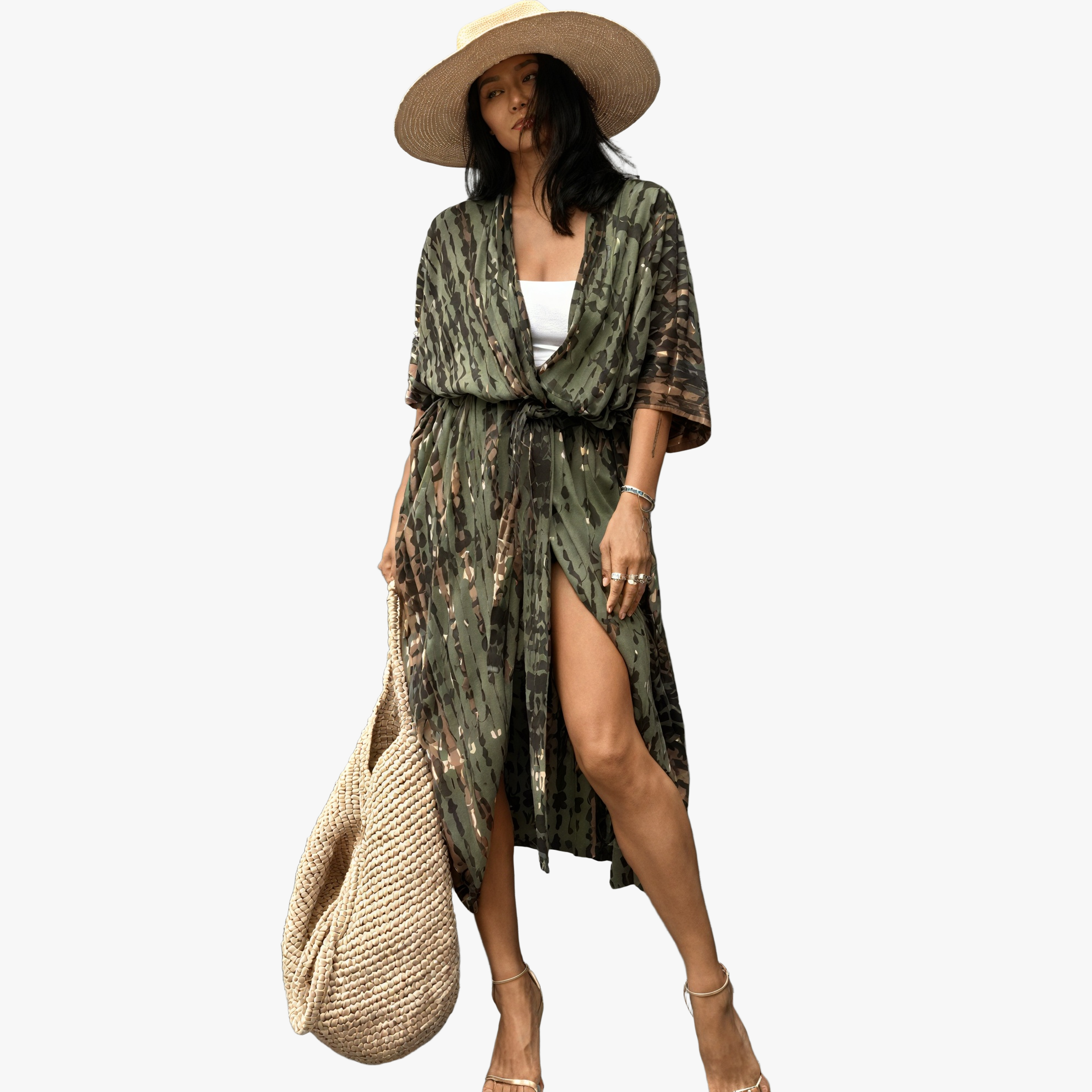 Women's Green Kimono Maxi Dress – Abstract Pattern, Wide Sleeves, Cotton Blend-65295-8f60c983-fe32-42b5-b673-d08005f5ddec