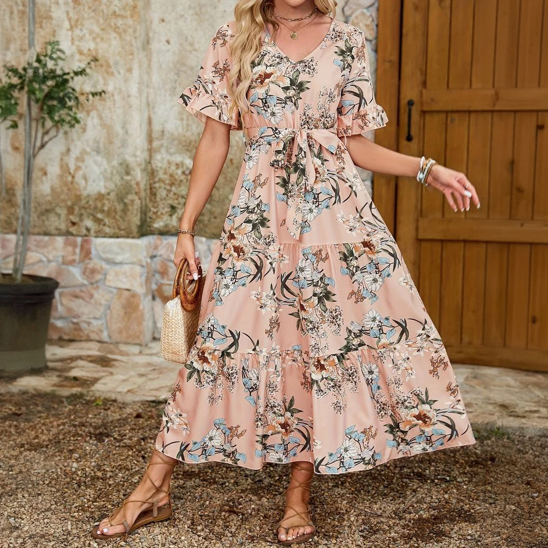 Women's Floral Maxi Dress – Ruffled V-Neck, Tiered Skirt, Lightweight Fabric-65297-6af78294-417f-41f3-9d64-3bc7e55f0519