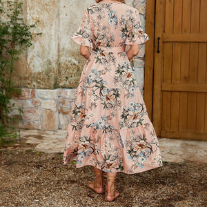 Women's Floral Maxi Dress – Ruffled V-Neck, Tiered Skirt, Lightweight Fabric-65297-8be9ea11-77bf-47ae-bb22-3fabe4ed9457