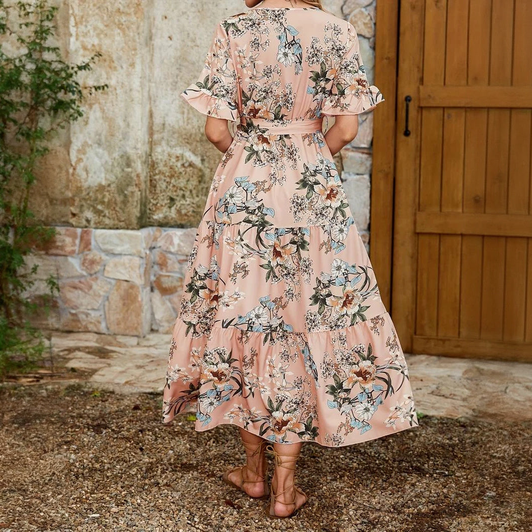 Women's Floral Maxi Dress – Ruffled V-Neck, Tiered Skirt, Lightweight Fabric-65297-8be9ea11-77bf-47ae-bb22-3fabe4ed9457