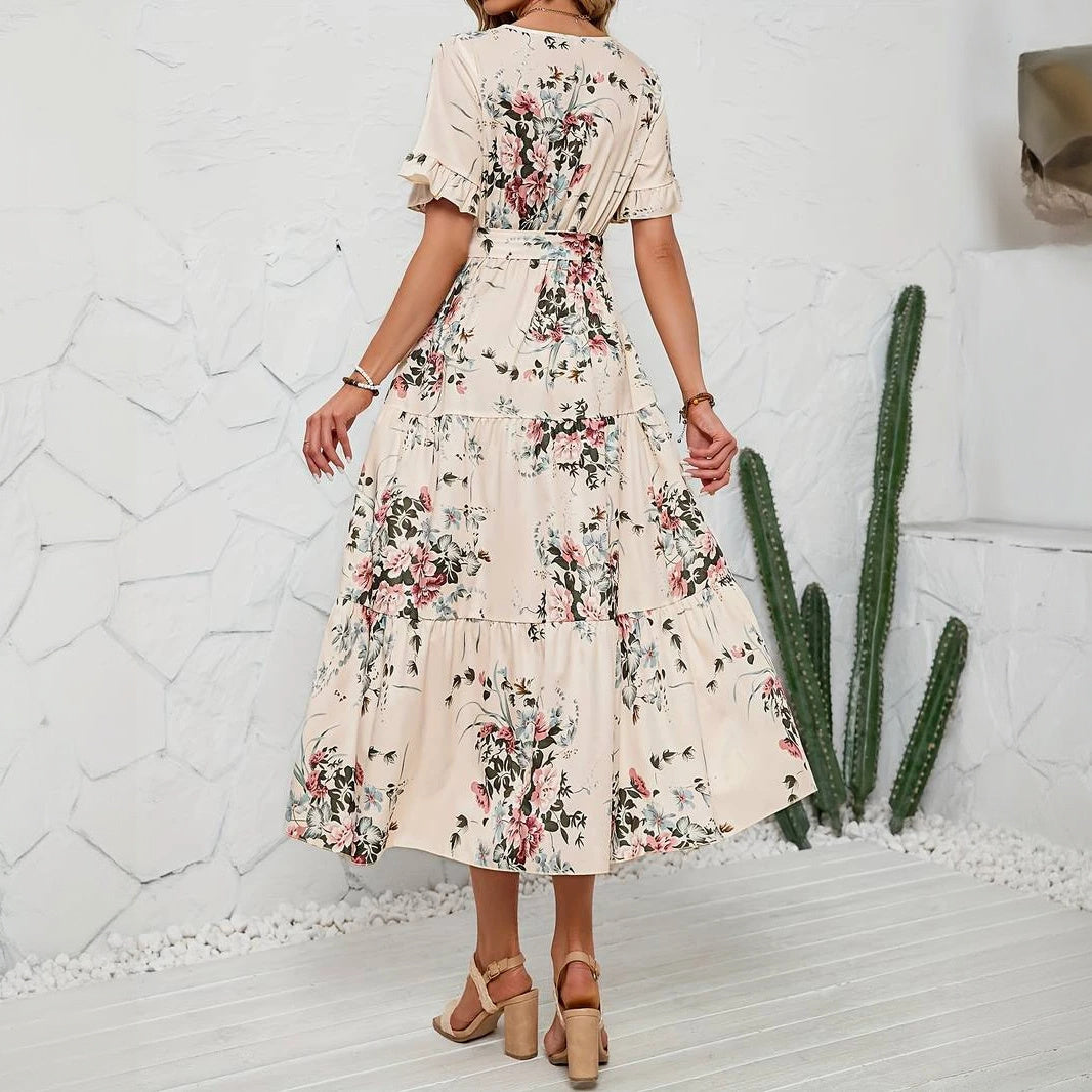 Women's Floral Maxi Dress – Ruffled V-Neck, Tiered Skirt, Lightweight Fabric-65297-2e240cc5-2501-4099-8de5-8cdbf213e14f