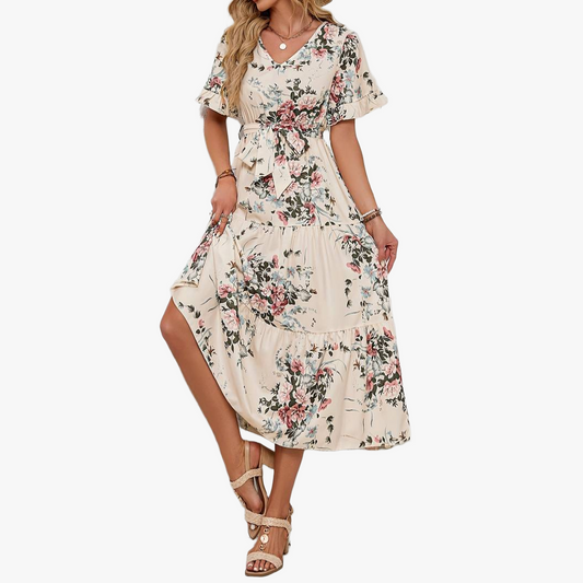 Women's Floral Maxi Dress – Ruffled V-Neck, Tiered Skirt, Lightweight Fabric-65297-9449e6e3-9965-4f0c-8c8d-ed810626195d