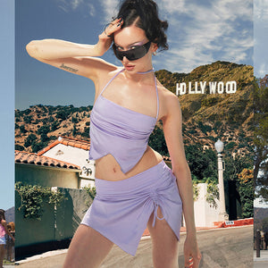 Women's Silk Halter Top & Ruched Mini Skirt Set - Lavender, Asymmetrical Hem-79015-65b44a3e-31a9-4961-b2cc-7272dae74b07
