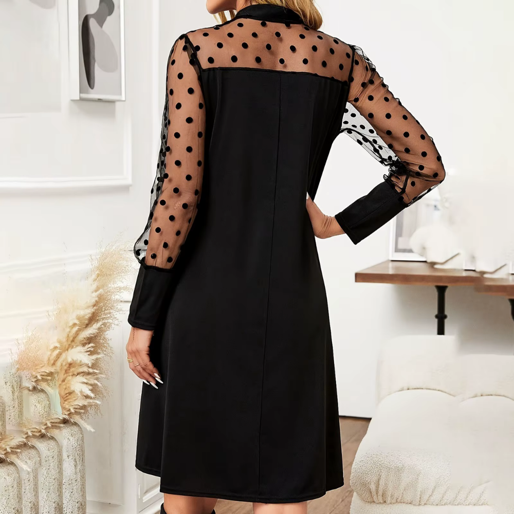 Women's Black Polyester Dress with Sheer Polka Dot Puffed Sleeves & Bow Tie Neckline-67674-664e94ae-c965-4730-967f-9eeb0c3fae54