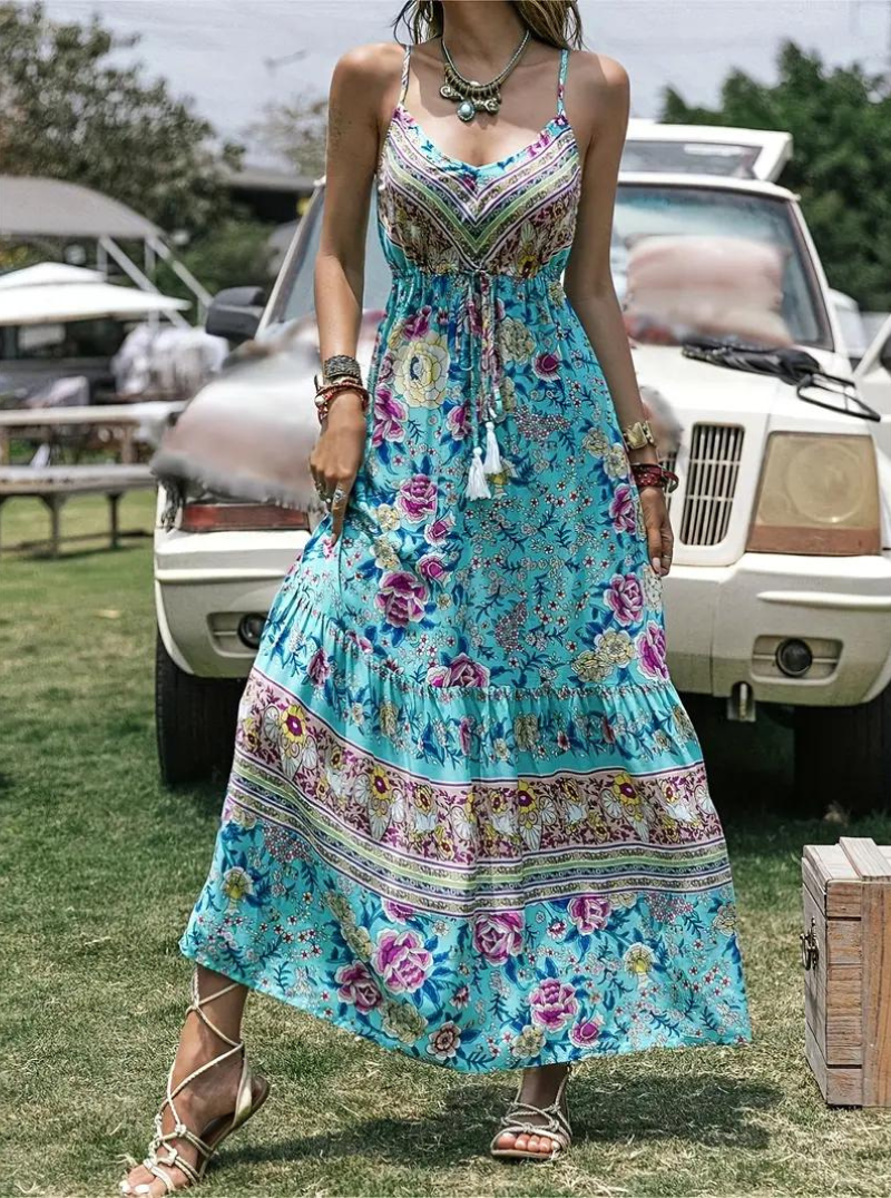 Women's Turquoise Floral Maxi Dress – Bohemian Tiered V-Neck Cotton Blend-82613-66612abe-037d-4d72-8201-c809a4cb9949