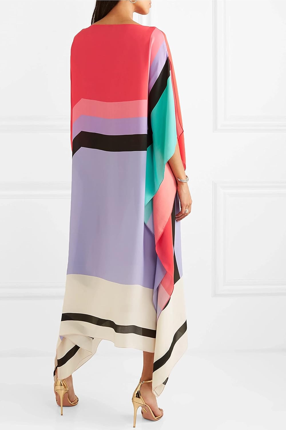Women's Color-Block Caftan Midi Dress – Silk Blend, Asymmetrical Hem-83243-66ce9fdb-058a-47a8-9c29-7599f2fe5c9e