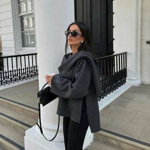 Women's Wool Blend Coat – Draped Collar, Tailored & Oversized-67008-cdb87f1b-516d-4e96-b823-bab4816044df