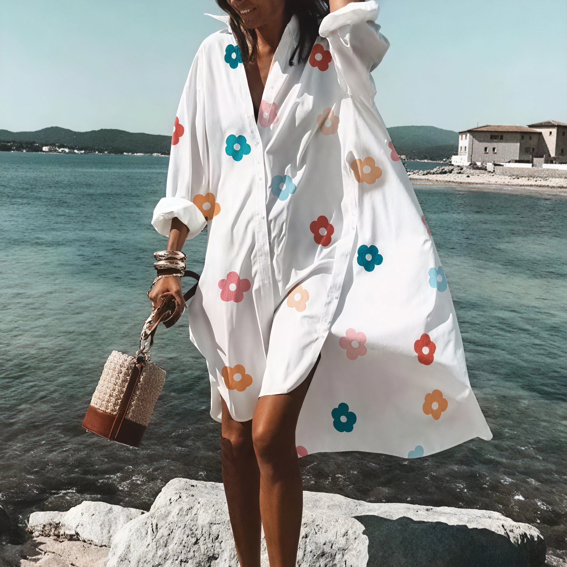 Women's White Oversized Button-Down Cotton-Linen Dress with Long Sleeves & Side Slits, Casual Summer Style-67567-cb075ed6-09ac-407c-ac68-7e973b2cc640