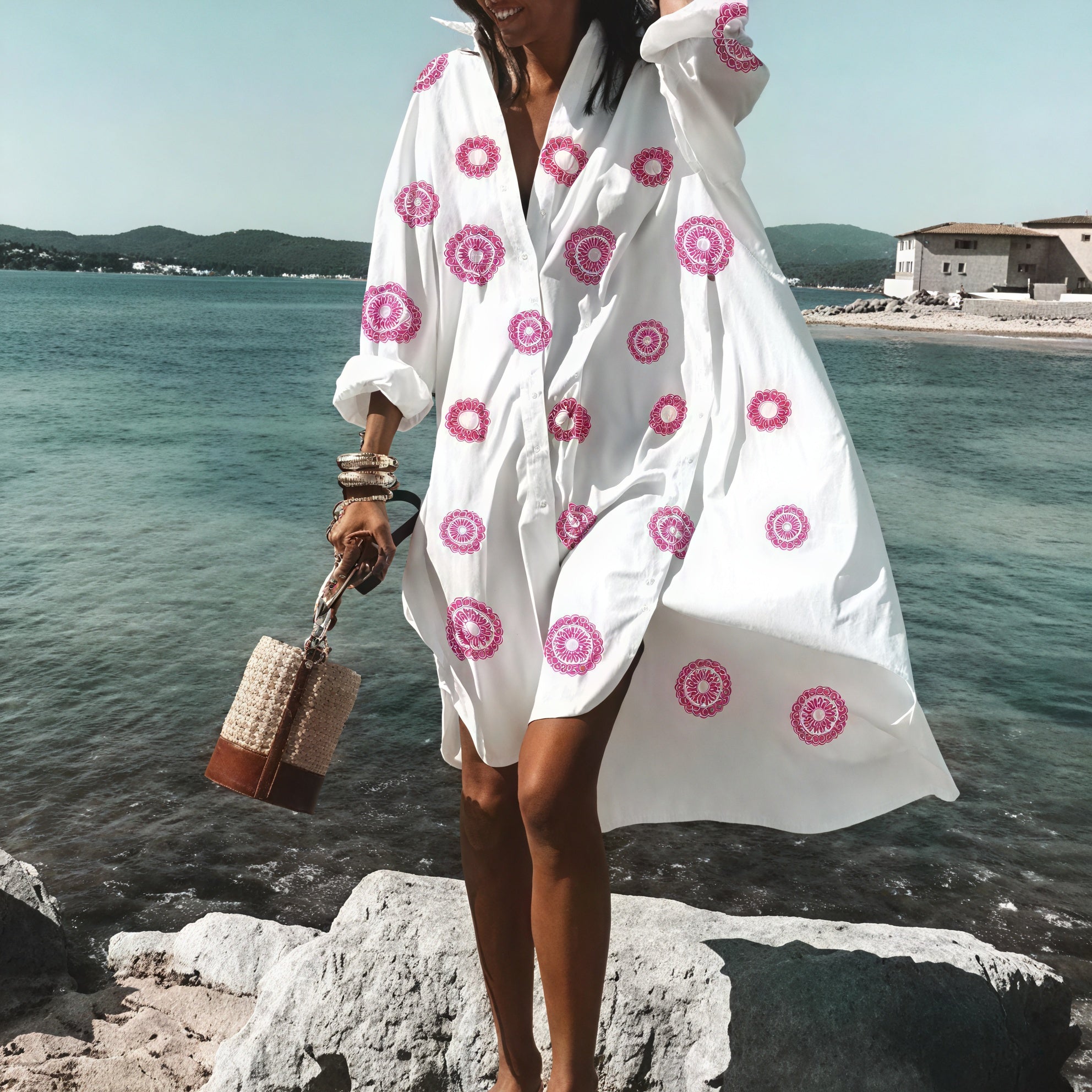Women's White Oversized Button-Down Cotton-Linen Dress with Long Sleeves & Side Slits, Casual Summer Style-67567-04a5e849-7a17-43f4-946e-d7536a469ea9