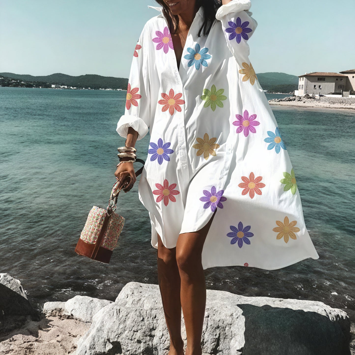 Women's White Oversized Button-Down Cotton-Linen Dress with Long Sleeves & Side Slits, Casual Summer Style-67567-a15b497c-e47e-4c19-99dc-f5c355848ea0