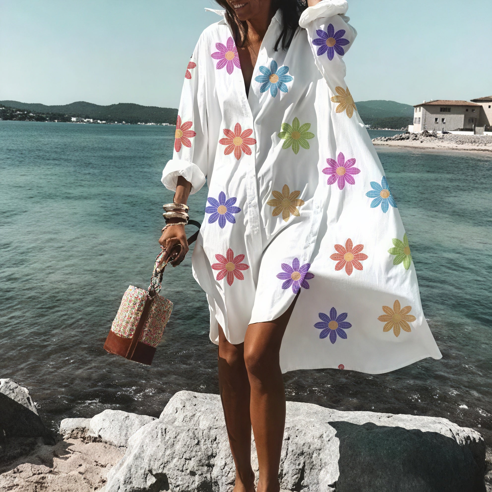 Women's White Oversized Button-Down Cotton-Linen Dress with Long Sleeves & Side Slits, Casual Summer Style-67567-a15b497c-e47e-4c19-99dc-f5c355848ea0