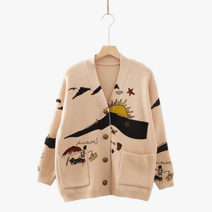 Women's Oversized Knit Cardigan – Light Beige, Whimsical Embroidered Design, Button-Down-67581-eea4edc3-07b3-41ca-9ff6-991a017aa752