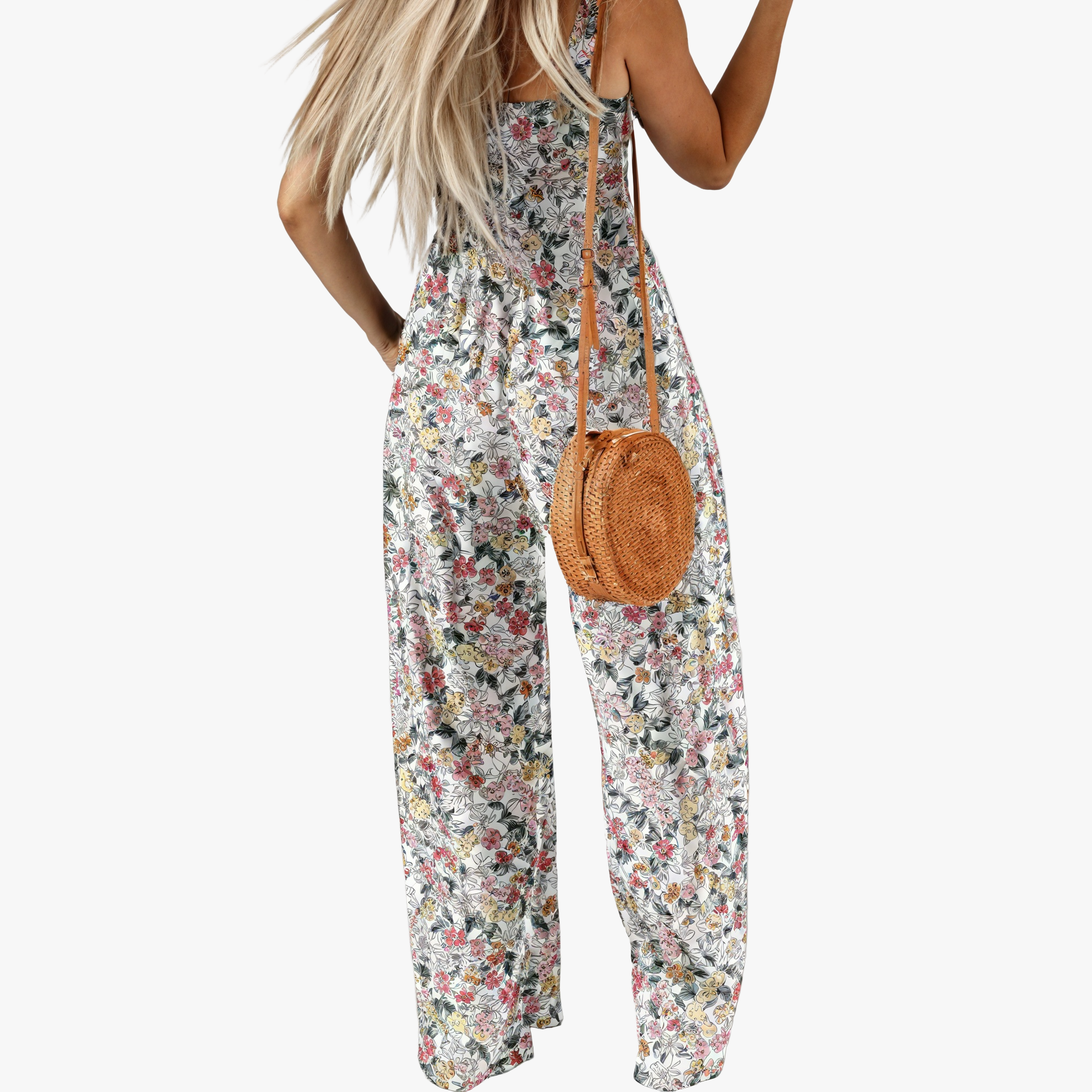 Women's Floral Jumpsuit – Multicolor Square Neck Wide-Leg Cotton Blend-67586-6df58e1f-40ee-43b3-9602-c3f038923fe3