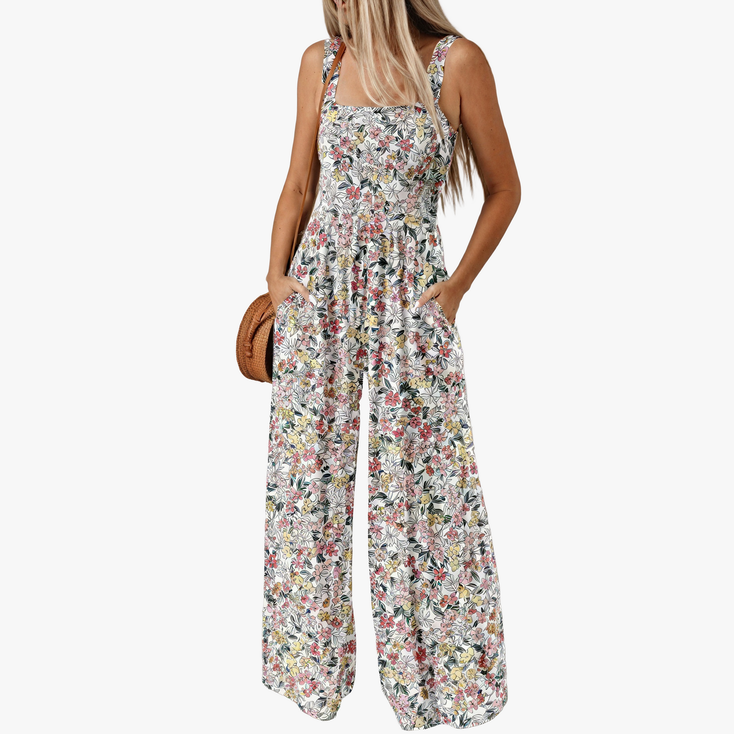 Women's Floral Jumpsuit – Multicolor Square Neck Wide-Leg Cotton Blend-67586-48d55e8c-0319-4444-9dba-c1c5d8c14572