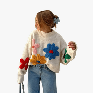 Women's Cream Oversized Cropped Sweater – Floral Appliqué, Soft Acrylic Blend-67589-92acdc73-f5ea-4a86-a519-d803abcd28b2