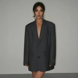 Women's Black Oversized Blazer – Deep V-Neck, Structured Fit, Polyester Blend-67612-752bc35a-1a14-442d-bc56-3840b84c3794