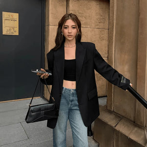 Women's Black Oversized Blazer – Deep V-Neck, Structured Fit, Polyester Blend-67612-264eea60-13a7-46f4-8707-35edcb8b8d94