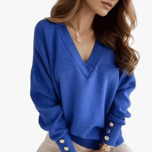 Women's Blue V-Neck Cropped Sweater – Relaxed Fit, Buttoned Cuffs, Cotton Blend-67617-87d7498b-ba95-4ff1-b5bc-84f0bfa74010