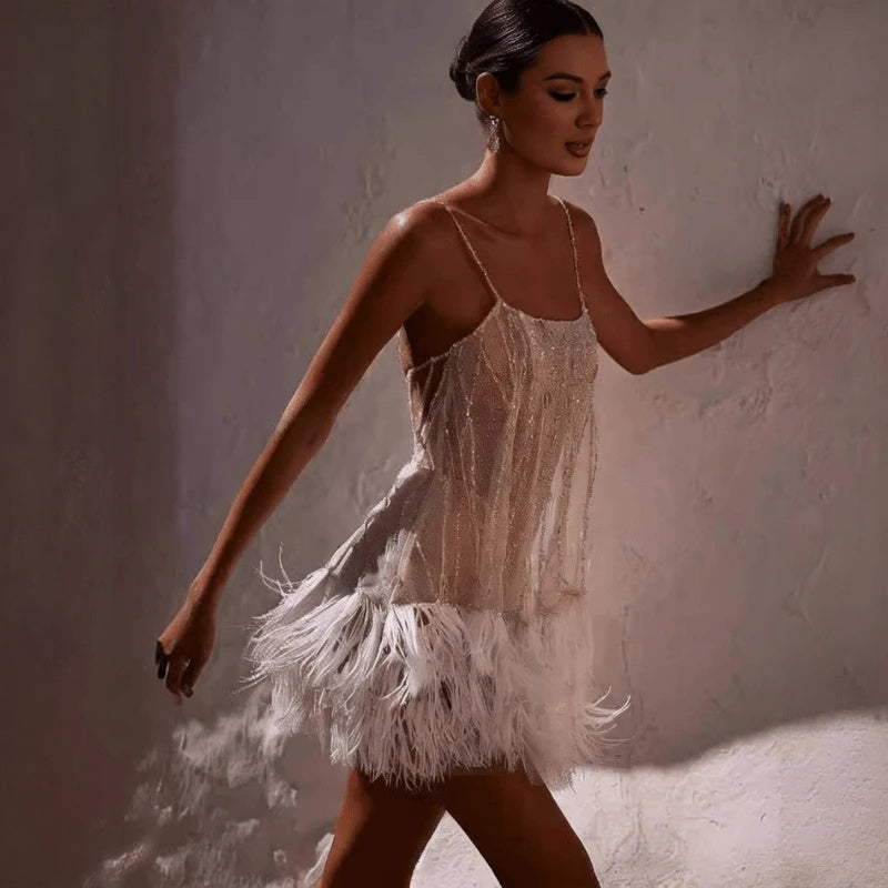 Women's Sheer Dress – Neutral, Intricate Beadwork, Feather Hem-67629-408c229d-17a2-4f37-9902-392fc11fd84f