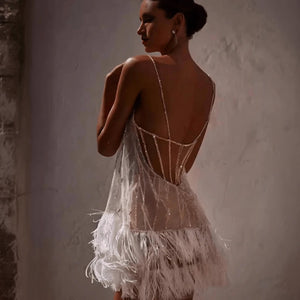 Women's Sheer Dress – Neutral, Intricate Beadwork, Feather Hem-67629-f186df0a-e414-44ec-b673-b91c3cfb8156