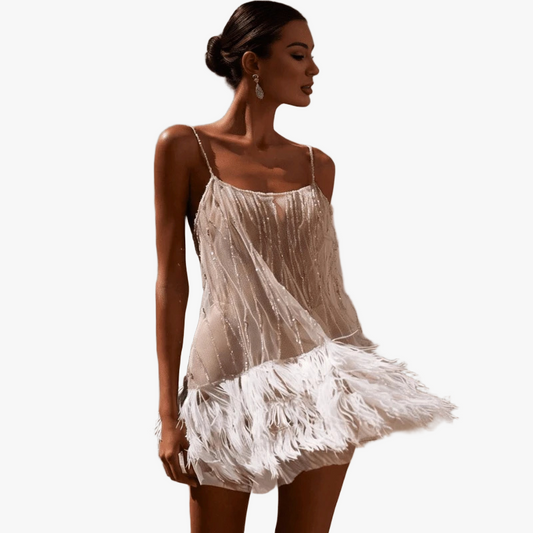 Women's Sheer Dress – Neutral, Intricate Beadwork, Feather Hem-67629-31f5a81b-b305-40d3-80ce-11654bff6d33