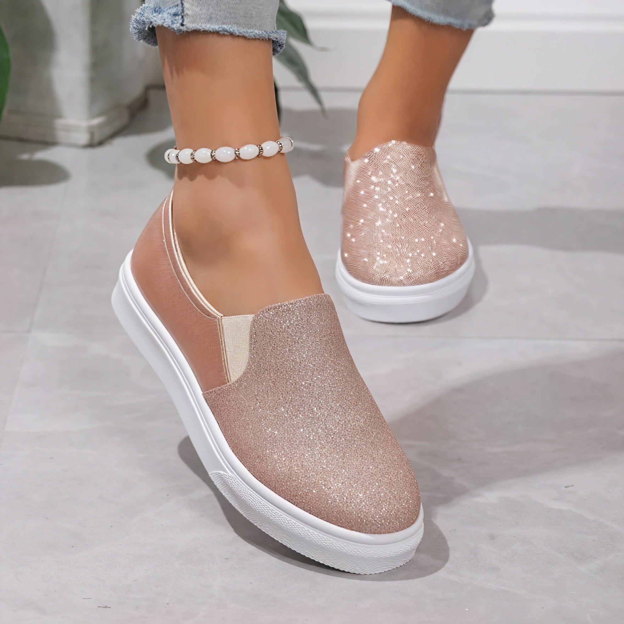 Women's Slip-On Sneakers – Sparkling Synthetic Upper, White Rubber Sole-67630-50d456ca-2021-4898-925f-cd2b1ddff165