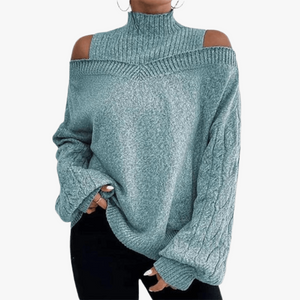 Women's Blue Knitted Top – Off-Shoulder, Oversized Cable Knit Sleeves, High Neckline-67631-bdd0cdb9-db24-490e-bedb-57dff469b634