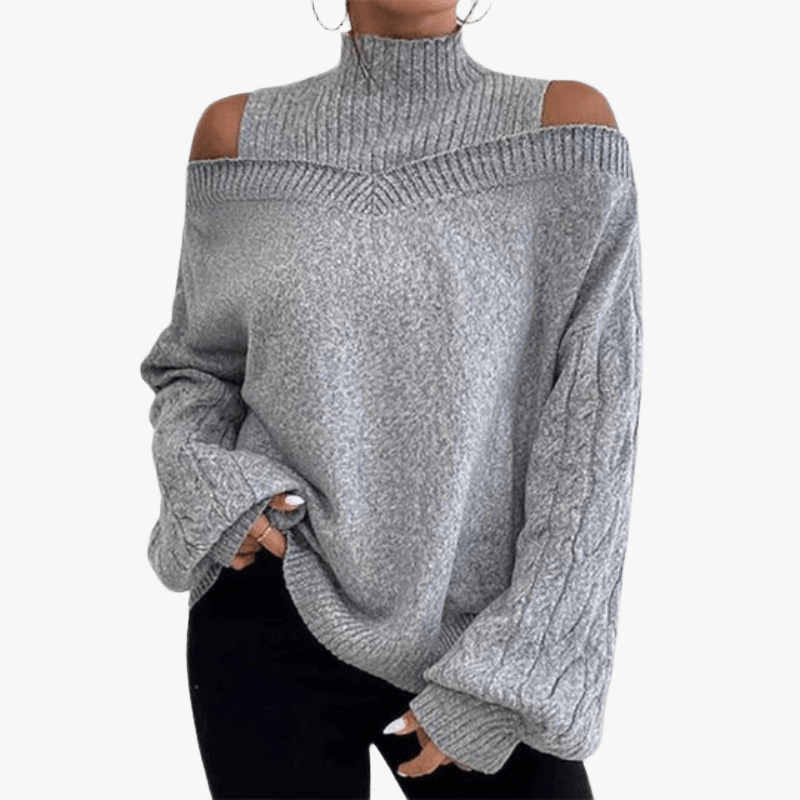 Women's Blue Knitted Top – Off-Shoulder, Oversized Cable Knit Sleeves, High Neckline-67631-174c9c9e-734c-45ec-9240-9e315b1dde64