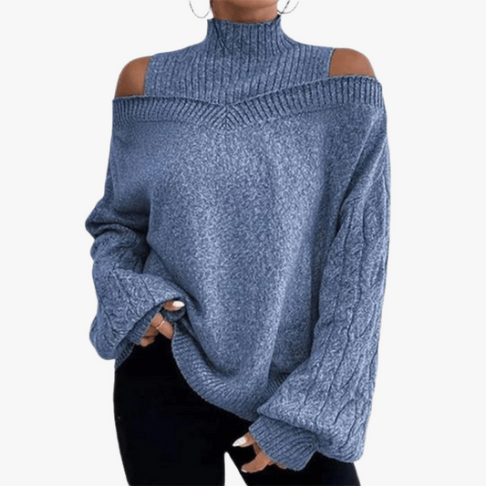 Women's Blue Knitted Top – Off-Shoulder, Oversized Cable Knit Sleeves, High Neckline-67631-8d793d92-fe31-4d60-9be6-97c90bc6bdb7